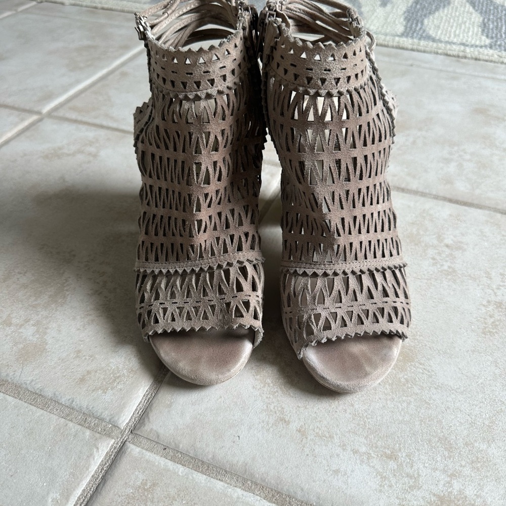 Jeffrey Campbell Taupe Laser-Cut Peep-Toe Booties
